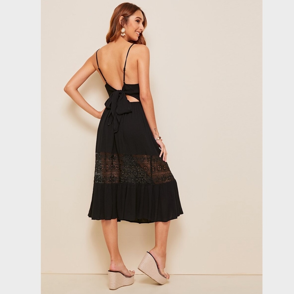Lace Detail Waist Buttoned Cami Midi Black Dress - Picture 4 of 7